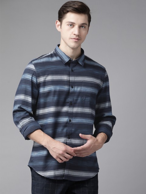 

Blackberrys Men Navy Blue & White Slim Fit Cotton Striped Casual Shirt