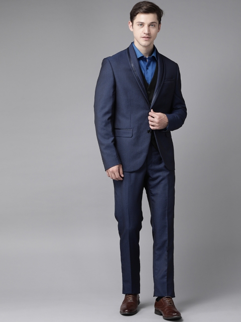 

Blackberrys Men Navy Blue & Black Self-Design Slim Fit Single-Breasted 3-Piece Tuxedo Suit