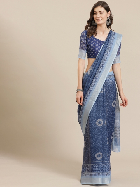 

Mitera Navy Blue Printed Block Print Saree