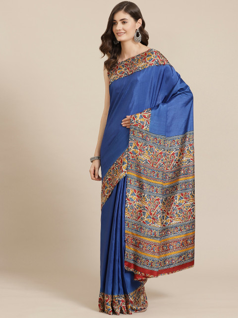 

Saree mall Blue Satin Finish Solid Bagru Saree