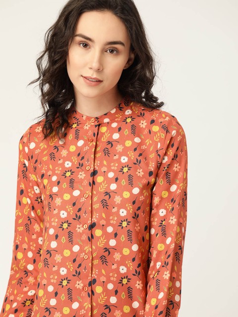 

ether Women Coral Orange Floral Printed Casual Shirt