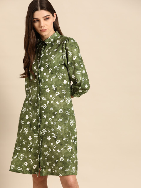 

ether Women Olive Green & White Floral Printed Shirt Dress