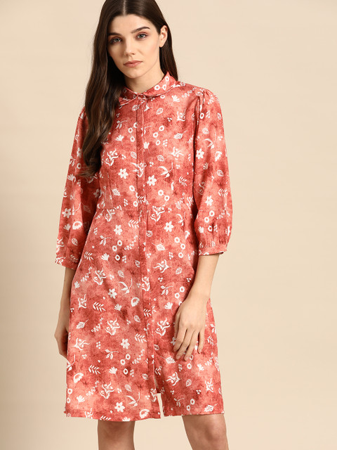 

ether Women Peach-Coloured & White Floral Printed Shirt Dress
