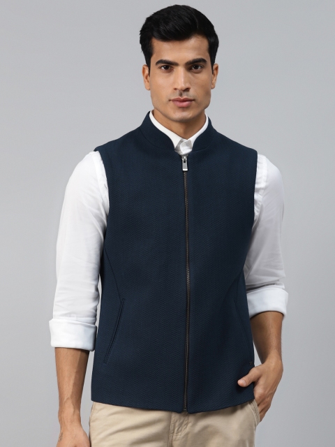 

Blackberrys Men Navy Blue Woven Design Textured Slim Fit Nehru Jacket