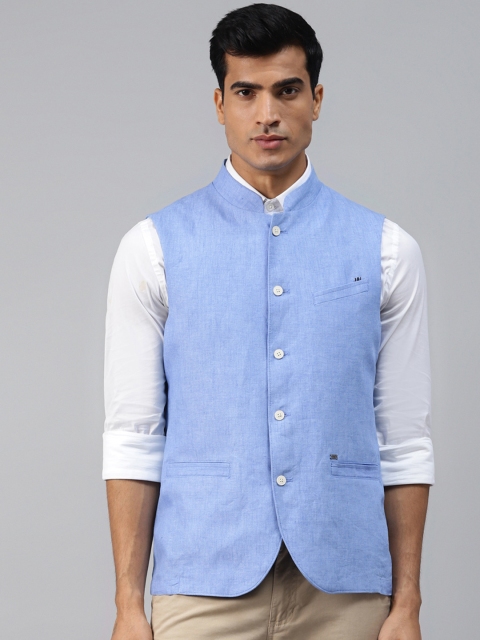 

Blackberrys Men Blue Solid Linen Slim Fit Nehru Jacket