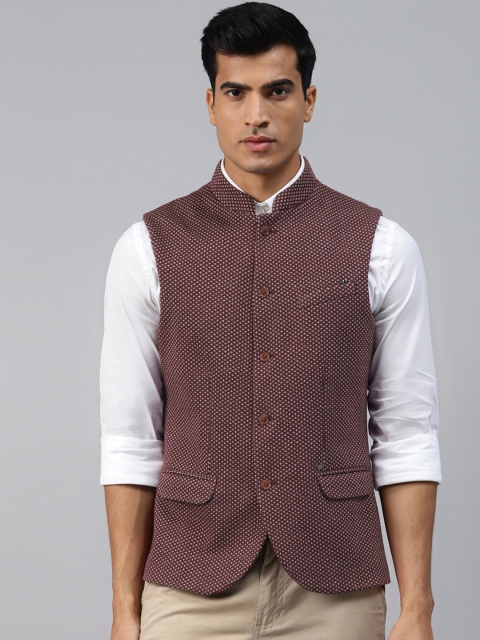 

Blackberrys Men Maroon & White Woven Design Slim Fit Nehru Jacket