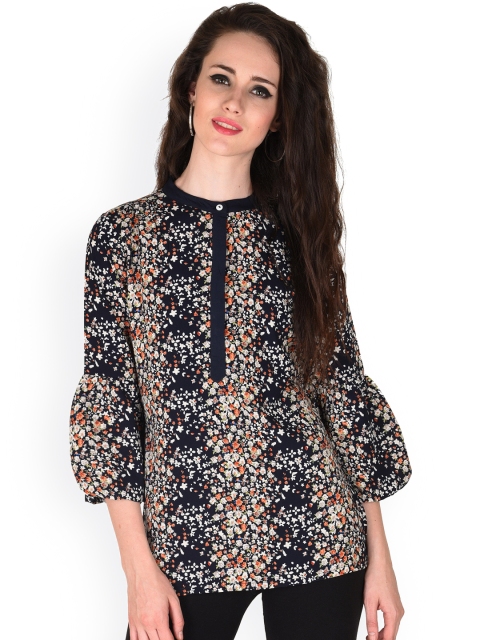 

SASSAFRAS Navy Floral Print Georgette Top, Navy blue