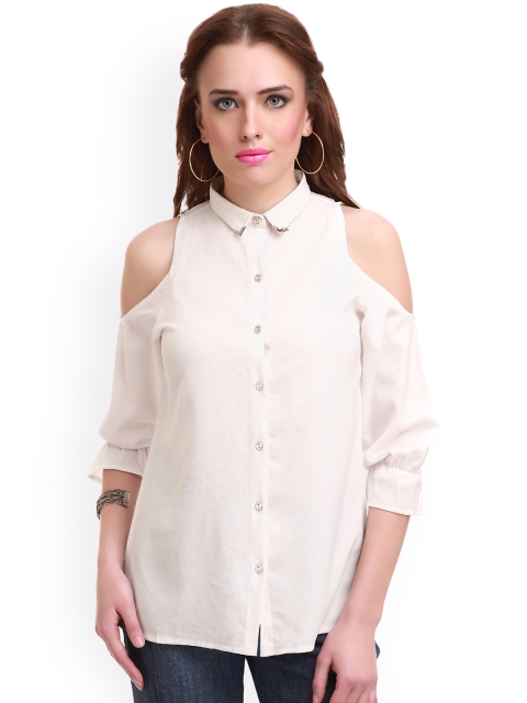 

SASSAFRAS Off-White Cold Shoulder Polyester Comfort Fit Shirt