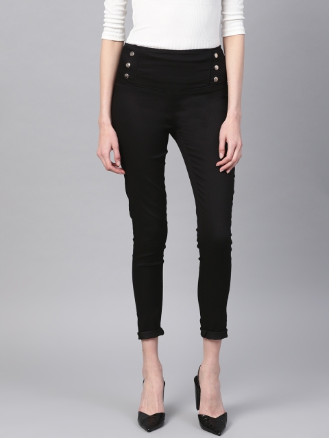 

SASSAFRAS Women Black Solid High Waisted Skinny Fit Crop Jeggings