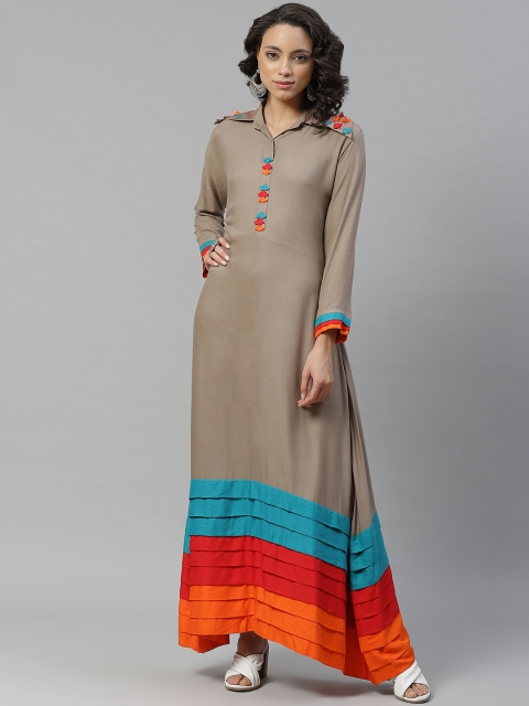 

Chhabra 555 Women Taupe & Orange Solid Made to Measure Maxi Shirt Dress