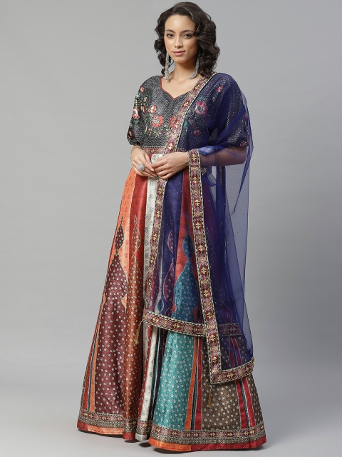 

Chhabra 555 Women Orange & Navy Digital Print Made to Measure Cocktail Gown with Dupatta, Navy blue