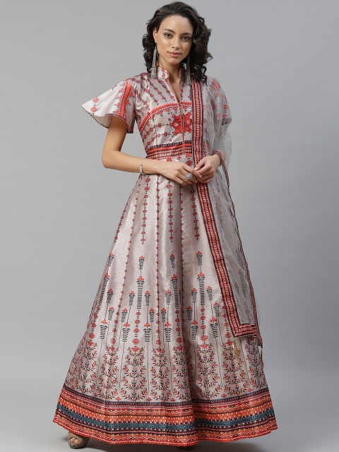 

Chhabra 555 Women Grey & Orange Digital Print Made to Measure Cocktail Gown with Dupatta