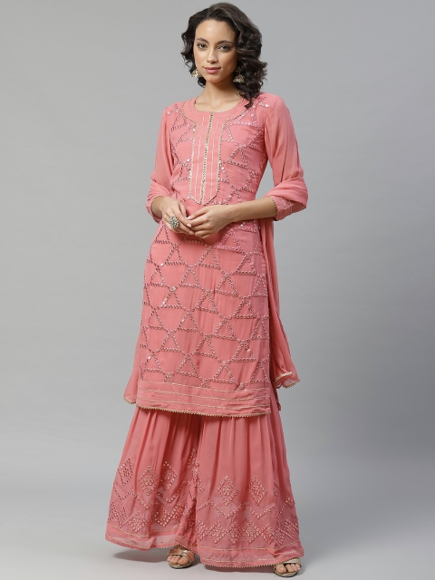 

Chhabra 555 Women Pink & Golden Embroidered Made To Measure Kurta with Sharara & Dupatta