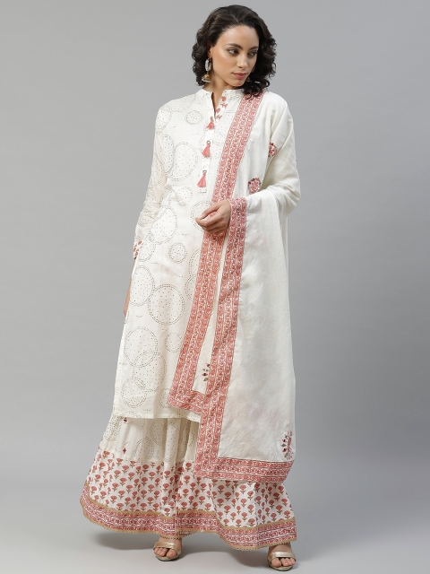

Chhabra 555 Women Off-White & Red Mukaish Made To Measure Kurta with Sharara & Dupatta