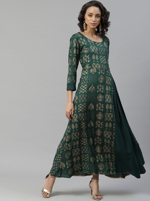 

Chhabra 555 Women Green & Golden Foil Print Maxi Dress
