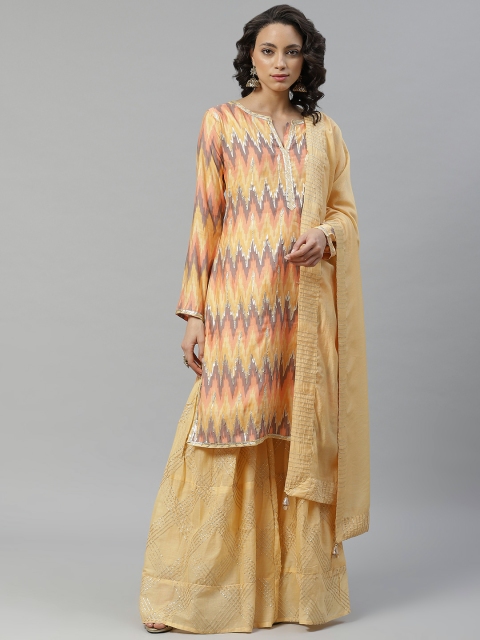 

Chhabra 555 Women Yellow & Pink Ikat Printed Made To Measure Kurta with Sharara & Dupatta