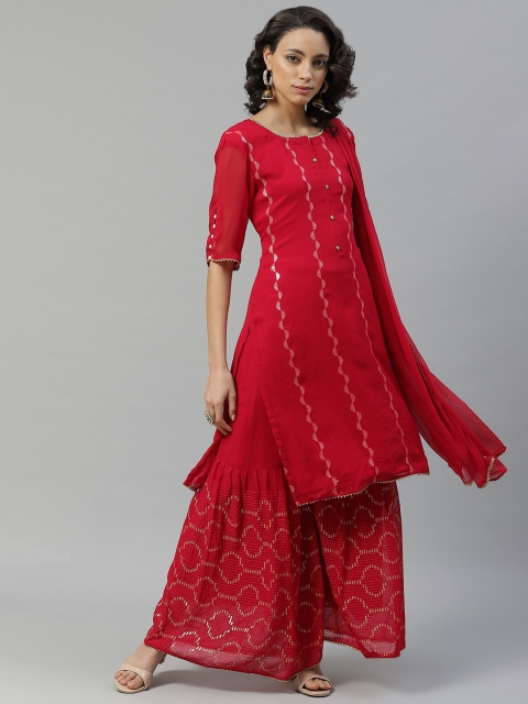 

Chhabra 555 Women Red Embroidered Made To Measure Kurta with Sharara & Dupatta