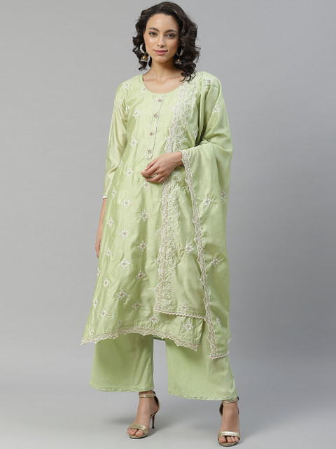

Chhabra 555 Women Green & White Embroidered Made To Measure Kurta with Palazzos & Dupatta