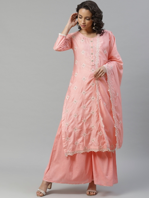 

Chhabra 555 Women Pink & White Embroidered Made To Measure Kurta with Sharara & Dupatta