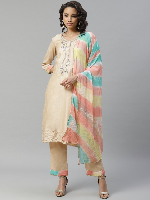 

Chhabra 555 Women Cream-Colour & Beige Yoke Design Made To Measure Kurta Set