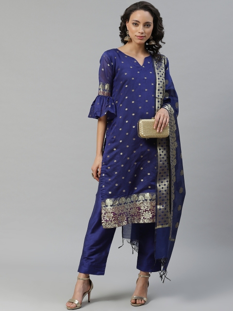 

Chhabra 555 Women Navy Blue & Golden Banarasi Woven Design Made To Measure Kurta Set