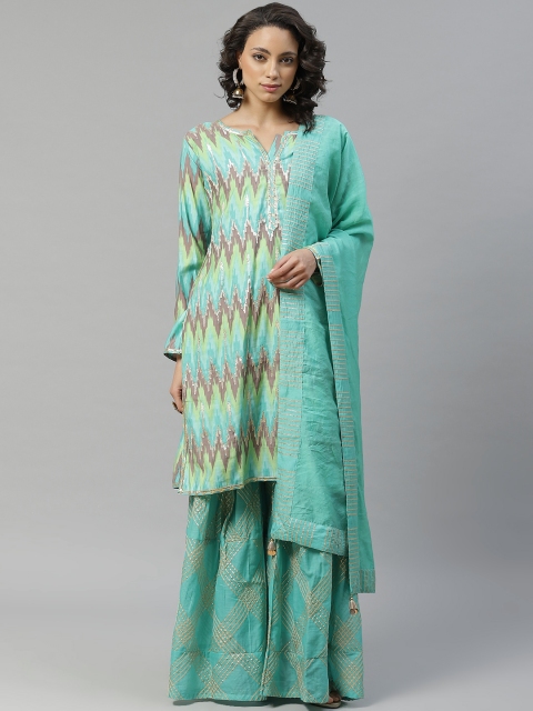 

Chhabra 555 Women Green & Brown Ikat Printed Made To Measure Kurta with Sharara & Dupatta