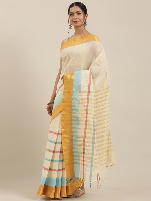 

aamna Cream-Coloured & Pink Pure Cotton Striped Mangalagiri Handloom Saree