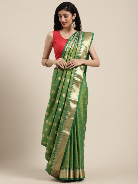 

Mitera Green & Gold-Toned Art Silk Woven Design Kanjeevaram Saree