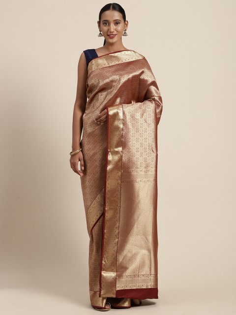 

Mitera Maroon & Gold-Toned Art Silk Woven Design Kanjeevaram Saree