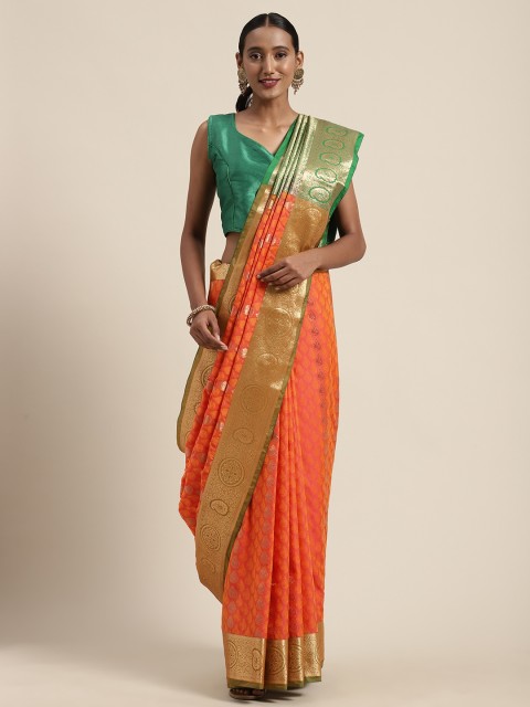 

Mitera Orange & Golden Art Silk Woven Design Kanjeevaram Saree