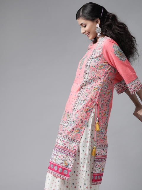 

Juniper Women Coral Pink & White Cambric Cotton Paisley Print Kurta with Palazzos
