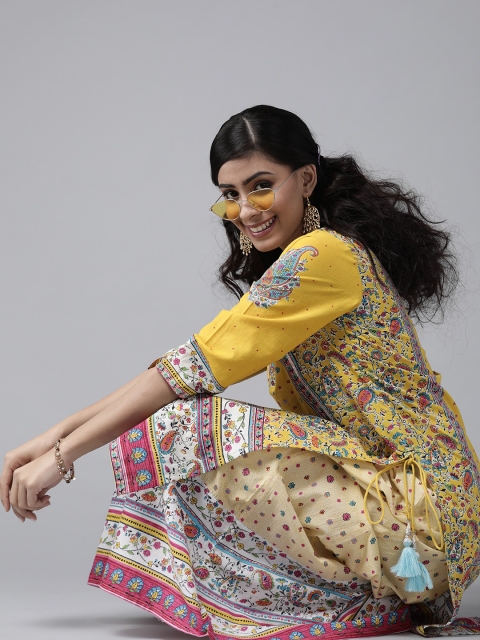 

Juniper Women Yellow & Pink Cambric Cotton Paisley Print Kurta with Palazzos