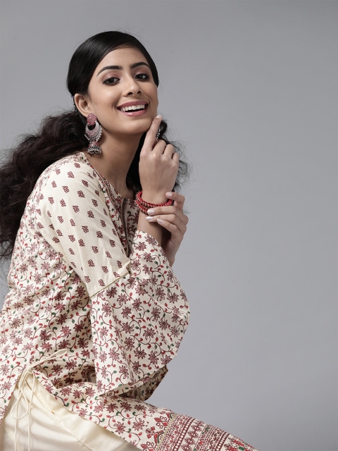 

Juniper Women Cream-Coloured Maroon Cambric Printed Kurta Palazzos