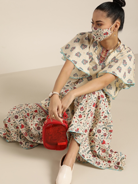 

Juniper Women Beige Blue Pure Cotton Printed Tunic with Sharara