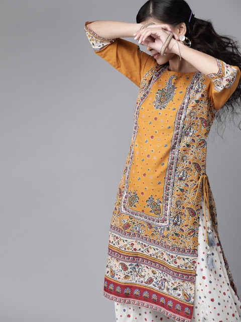 

Juniper Women Mustard Yellow & White Cambric Cotton Paisley Print Kurta with Palazzos