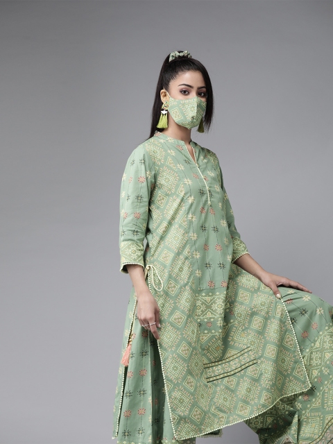 

Juniper Women Green Off-White Cambric Cotton Printed Kurta Palazzos