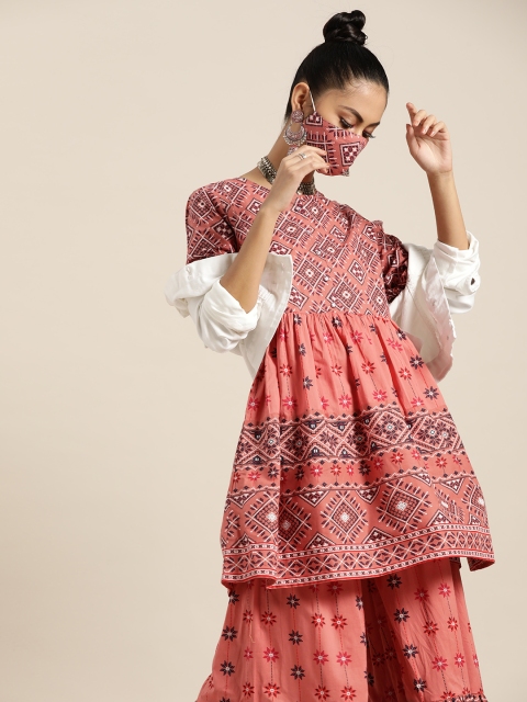 

Juniper Women Peach-Coloured Navy Pure Cotton Printed Tunic with Sharara