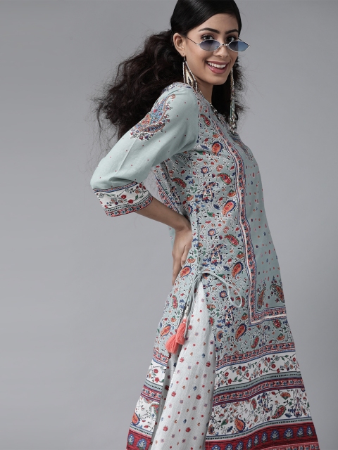 

Juniper Women Blue & White Cambric Cotton Paisley Print Kurta with Palazzos