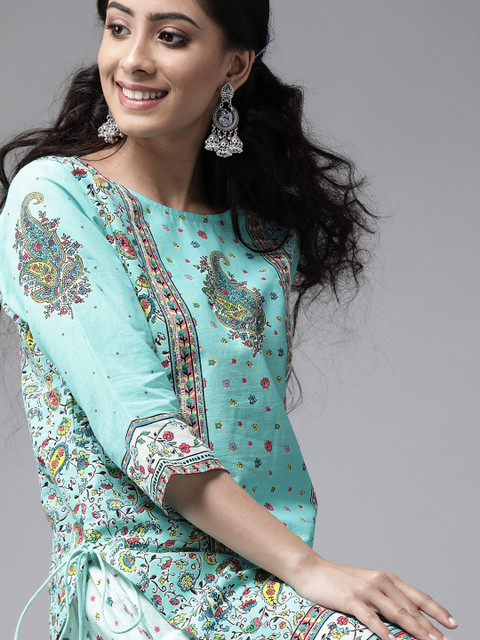 

Juniper Women Blue & Pink Cambric Cotton Paisley Print Kurta with Palazzos