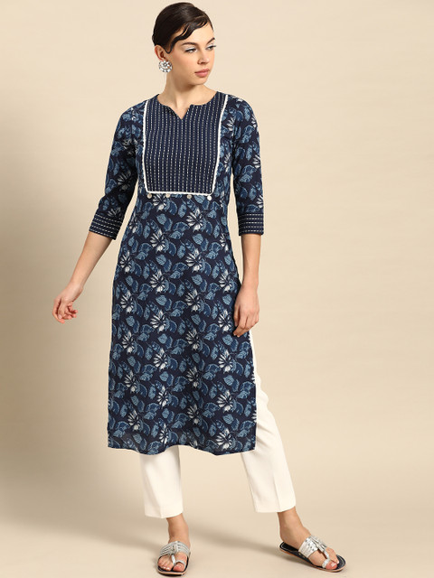 

Varanga Women Blue & White Floral Printed Thread Work Pure Cotton Indigo Kurta
