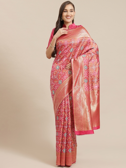 

Mitera Pink & Golden Silk Blend Geometric Printed Banarasi Saree