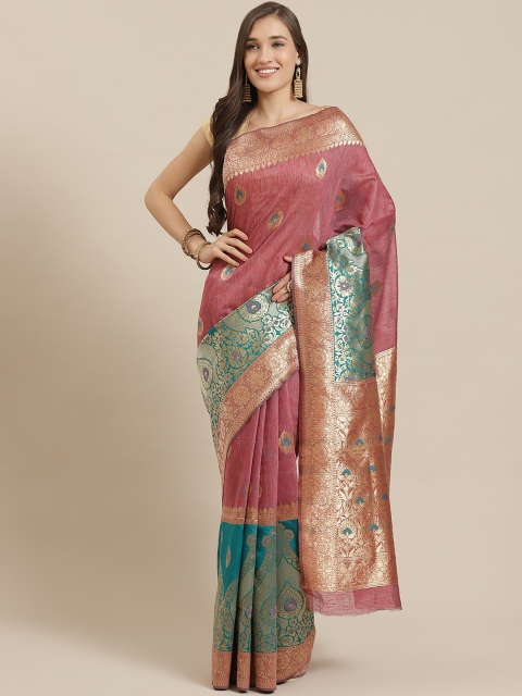 

Mitera Pink & Golden Silk Blend Woven Design Banarasi Saree