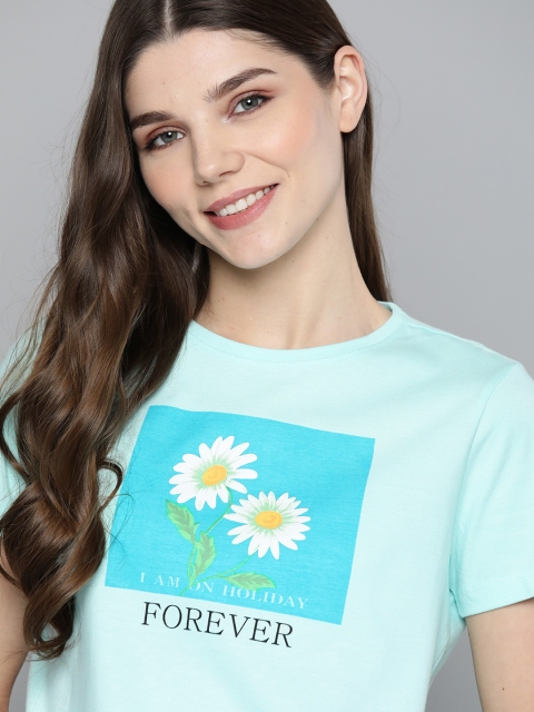 

Mast & Harbour Women Blue Graphic & Floral Print Round Neck T-shirt