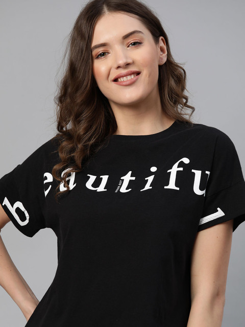 

Mast & Harbour Women Black & White Typography Printed Cotton Drop-Shoulder Sleeves T-shirt