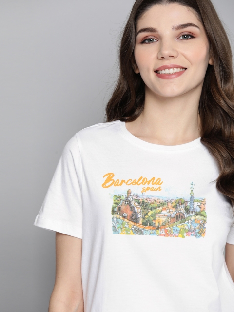 

Mast & Harbour Women White & Green Barcelona Print Round Neck Cotton T-shirt