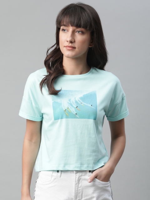 

Mast & Harbour Women Blue & Yellow Water Surfing Print Round Neck T-shirt