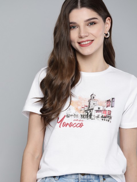 

Mast & Harbour Women White & Black Pure Cotton Printed Round Neck T-shirt