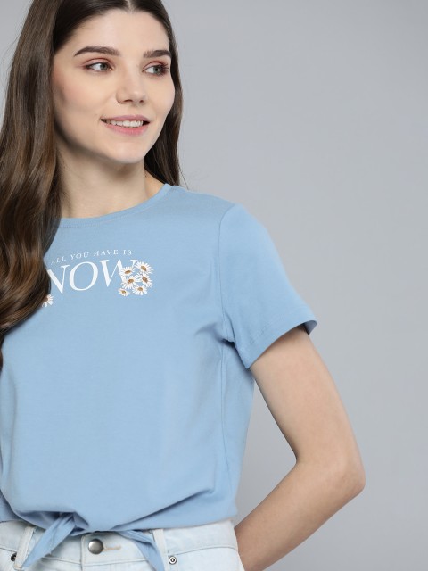

Mast & Harbour Blue & White Printed Pure Cotton Regular Top