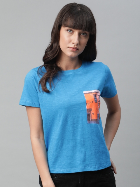 

Mast & Harbour Women Blue & Orange Graphic Print Round Neck T-shirt