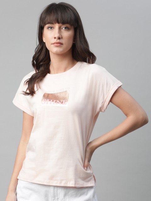 

Mast Harbour Women Pink Golden Typography Print Pure Cotton T-shirt